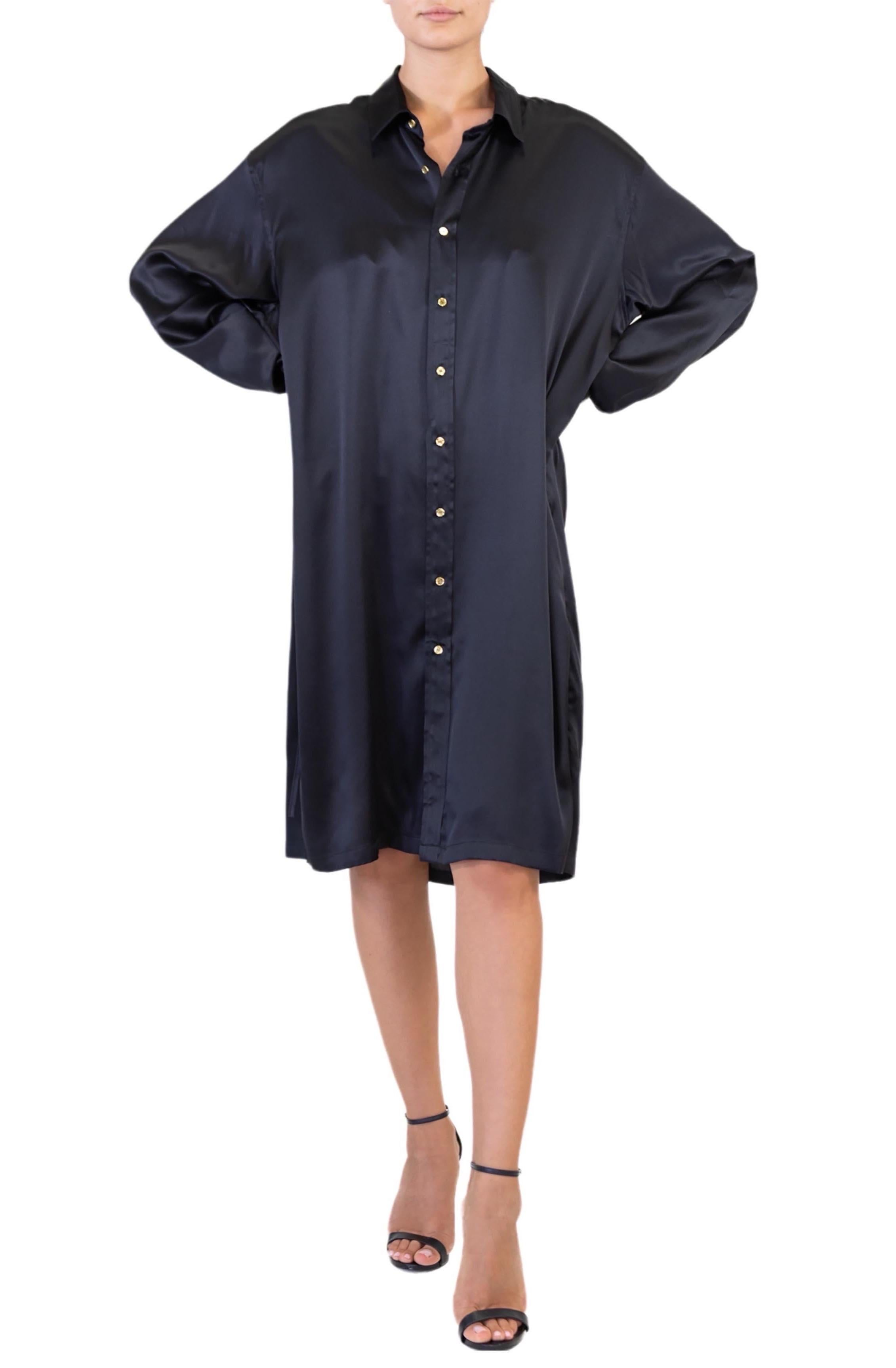 MORPHEW COLLECTION Black Silk Charmeuse Oversized Button Down Shirt Dress In Excellent Condition For Sale In New York, NY