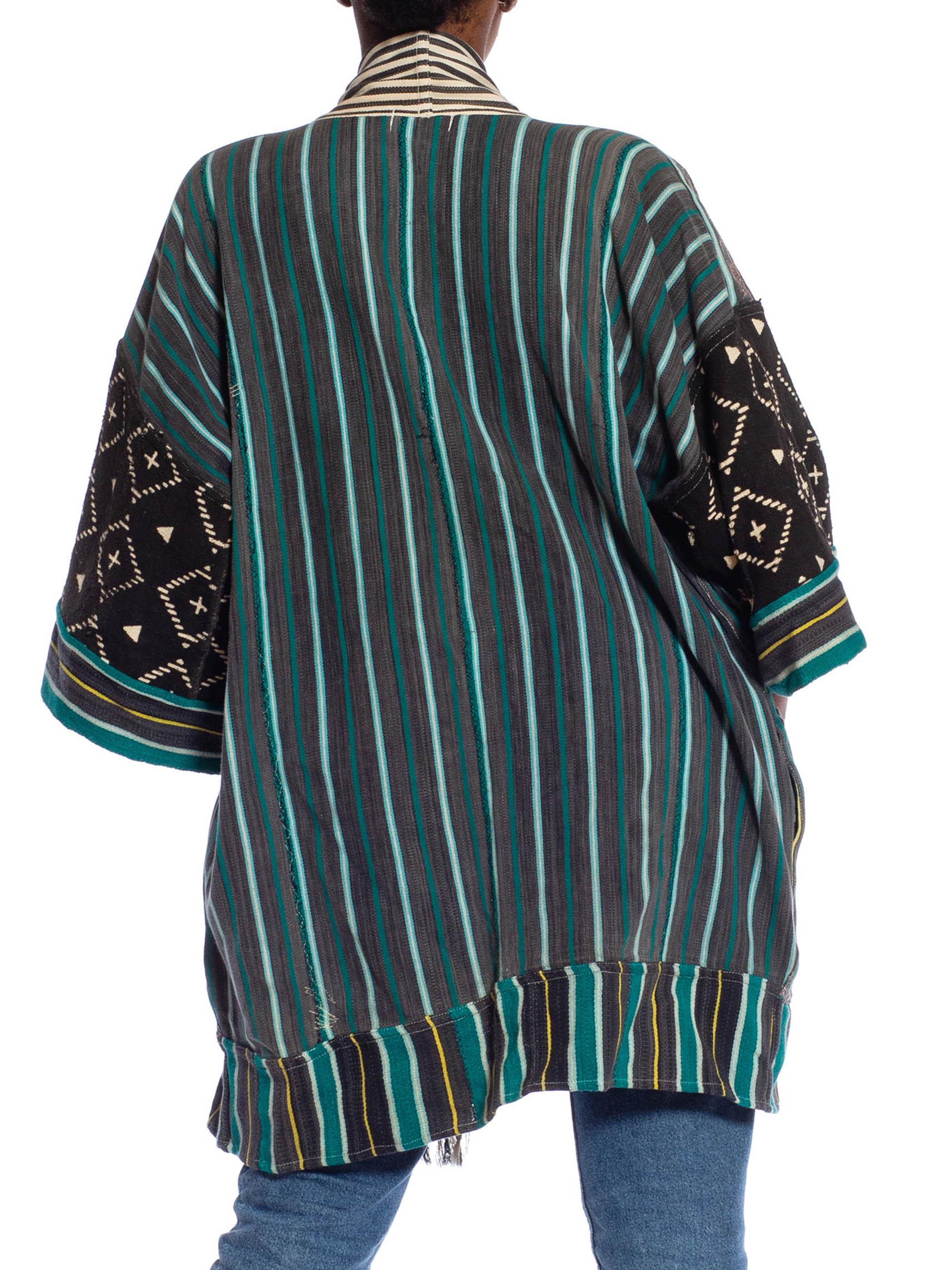 MORPHEW COLLECTION Black, Teal & Grey African Cotton Indigo Stripe Black Tie-Dy 1