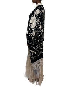 MORPHEW COLLECTION Black & White Silk Embroidered Floral Cocoon With Fringe And
