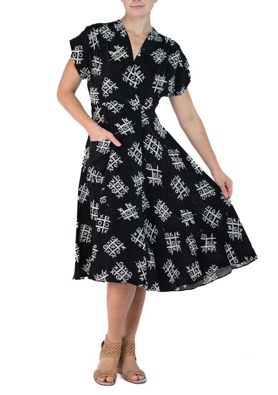 Morphew Collection Black & White Tic Tac Toe Novelty Print Cold Rayon Bias Dres For Sale 5