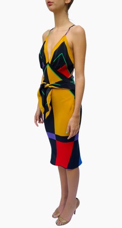 Morphew Collection Black, Yellow, Green & Red Silk Geometric Scarf Dress Made F