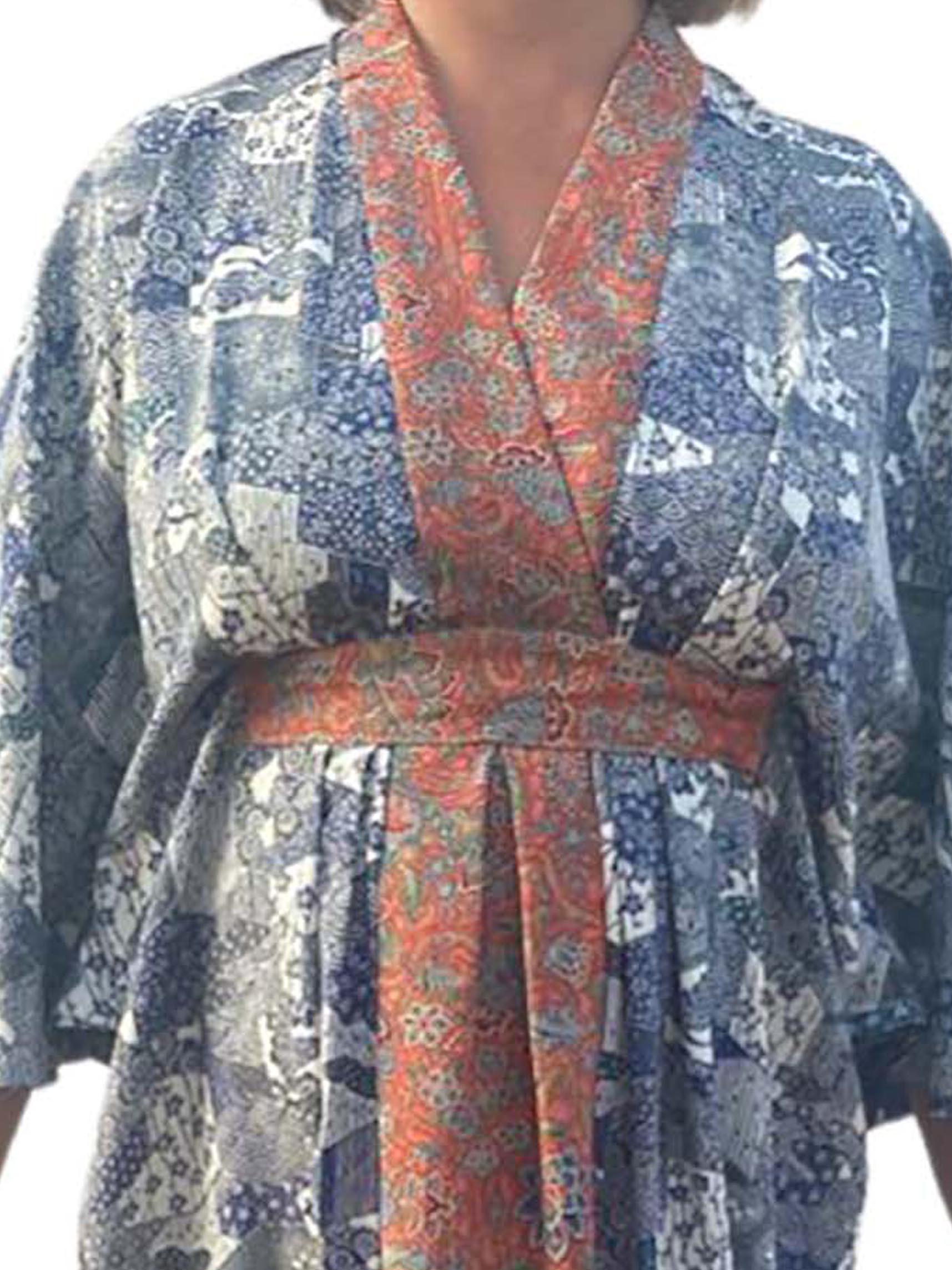 Morphew Collection Blue And White Japanese Kimono Silk Tile Print Kaftan With T For Sale 4