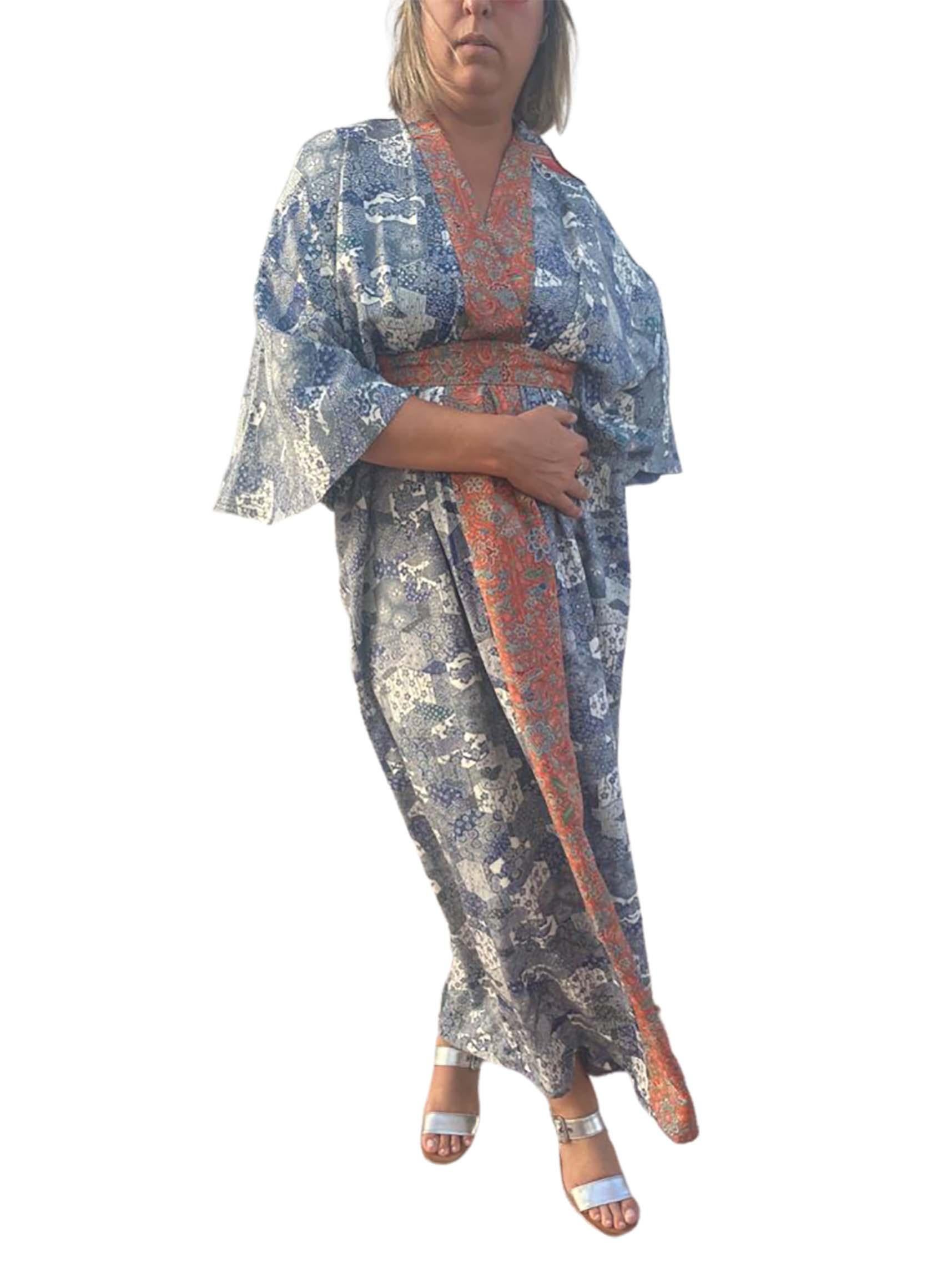 Gray Morphew Collection Blue And White Japanese Kimono Silk Tile Print Kaftan With T For Sale