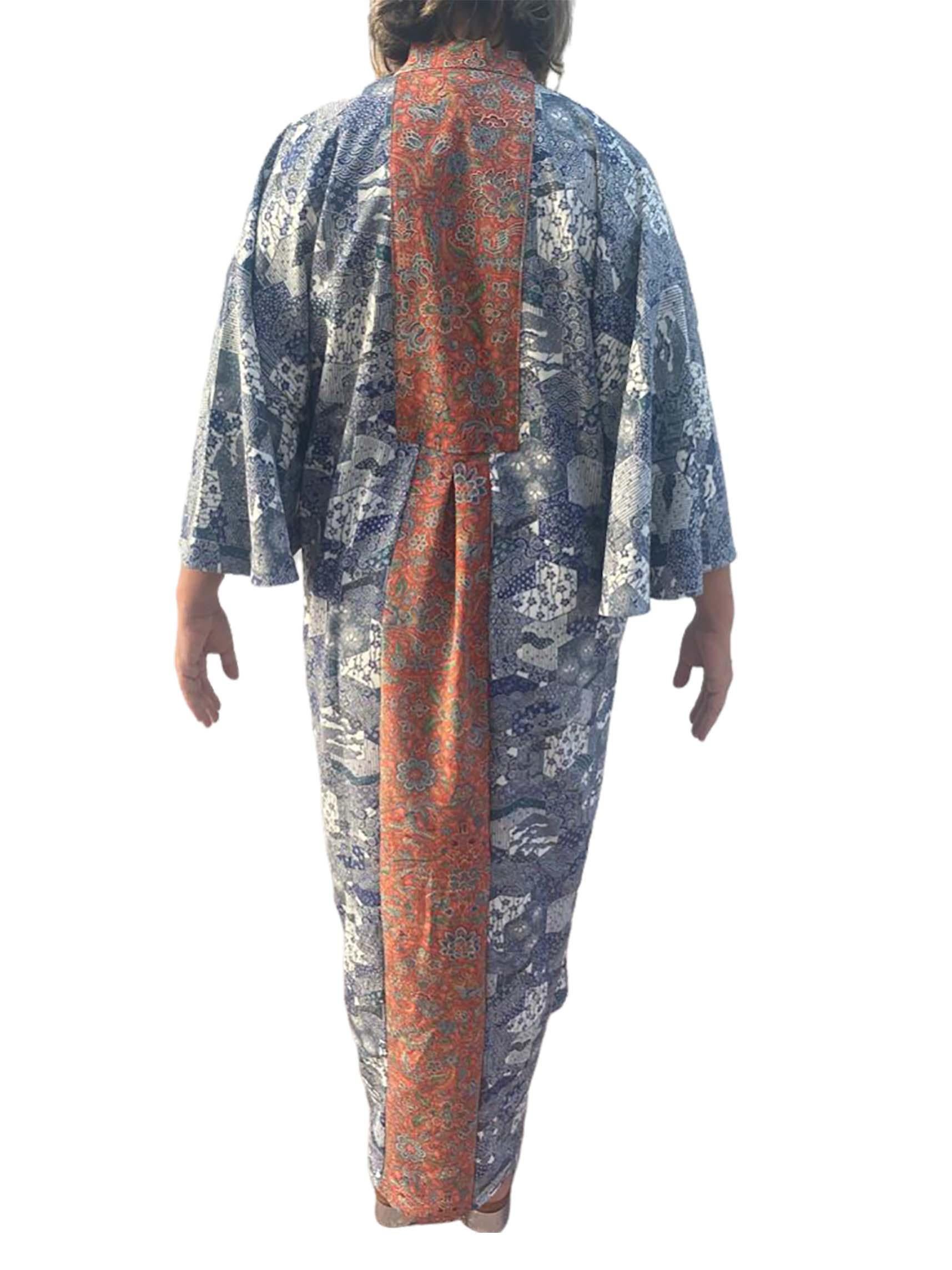 Morphew Collection Blue And White Japanese Kimono Silk Tile Print Kaftan With T For Sale 1