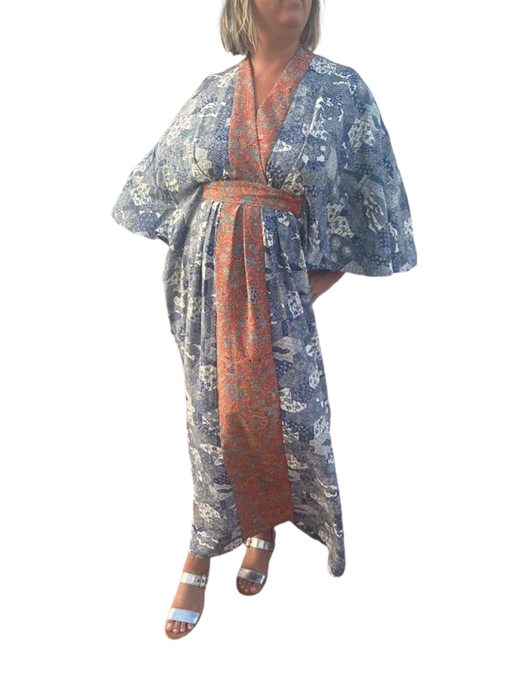 Morphew Collection Blue And White Japanese Kimono Silk Tile Print Kaftan With T For Sale 2