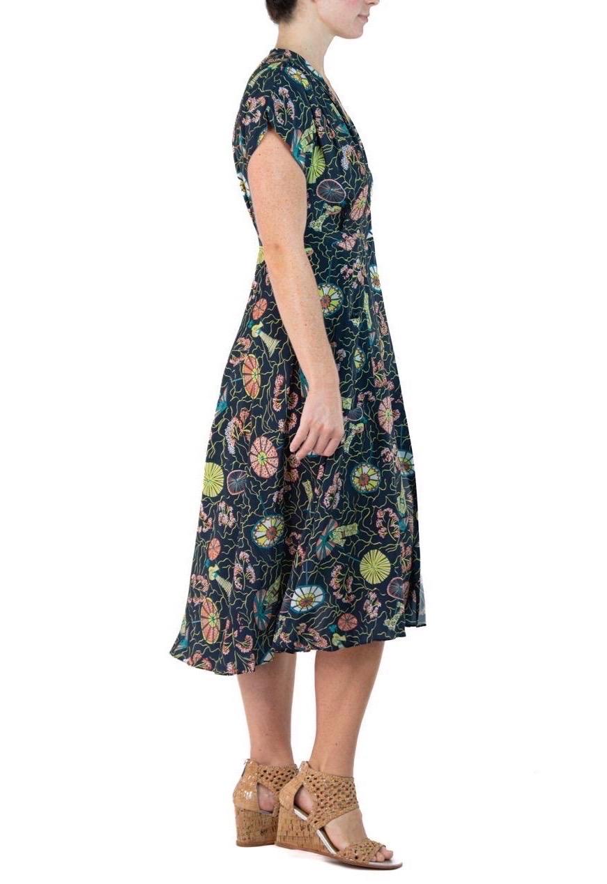 Women's Morphew Collection Blue Cherry Blossom Novelty Print Cold Rayon Bias Dress Mast For Sale
