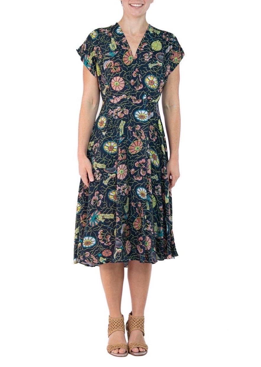 Morphew Collection Blue Cherry Blossom Novelty Print Cold Rayon Bias Dress Mast For Sale 2