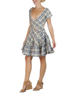 Morphew Collection Blue, Cream & Yellow Silk Taffeta Plaid Denise Dress