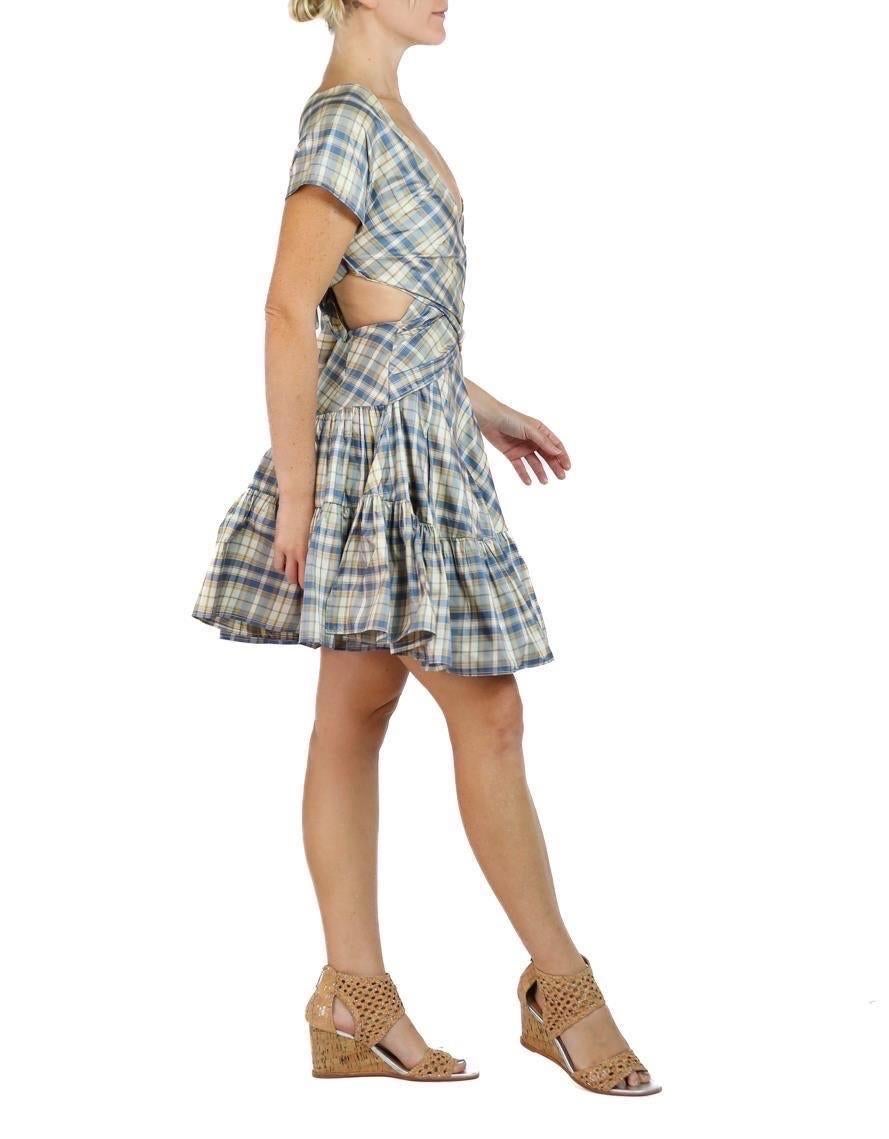 Morphew Collection Blue, Cream & Yellow Silk Taffeta Plaid Denise Dress In Excellent Condition For Sale In New York, NY
