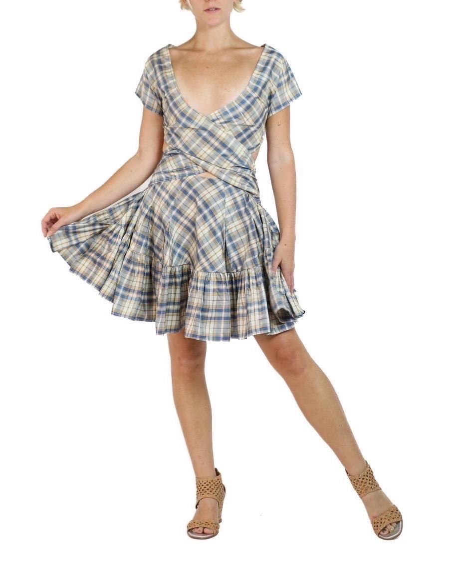 Morphew Collection Blue, Cream & Yellow Silk Taffeta Plaid Denise Dress For Sale 2