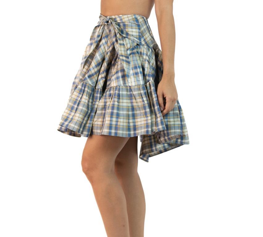 Made from Vintage Dead Stock 1990's Silk Taffeta. Morphew Collection Blue, Cream & Yellow Silk Taffeta Plaid The Denise Skirt  
MORPHEW COLLECTION is made entirely by hand in our NYC Ateliér of rare antique materials sourced from around the globe.