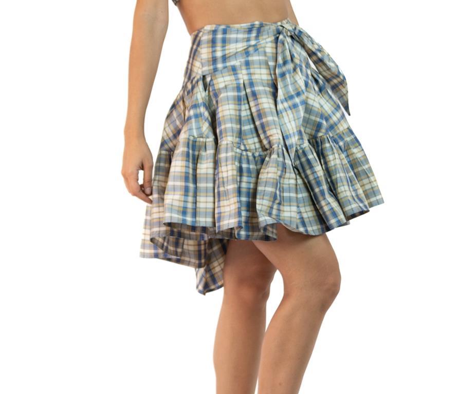 Morphew Collection Blue, Cream & Yellow Silk Taffeta Plaid The Denise Skirt Mas In Excellent Condition For Sale In New York, NY