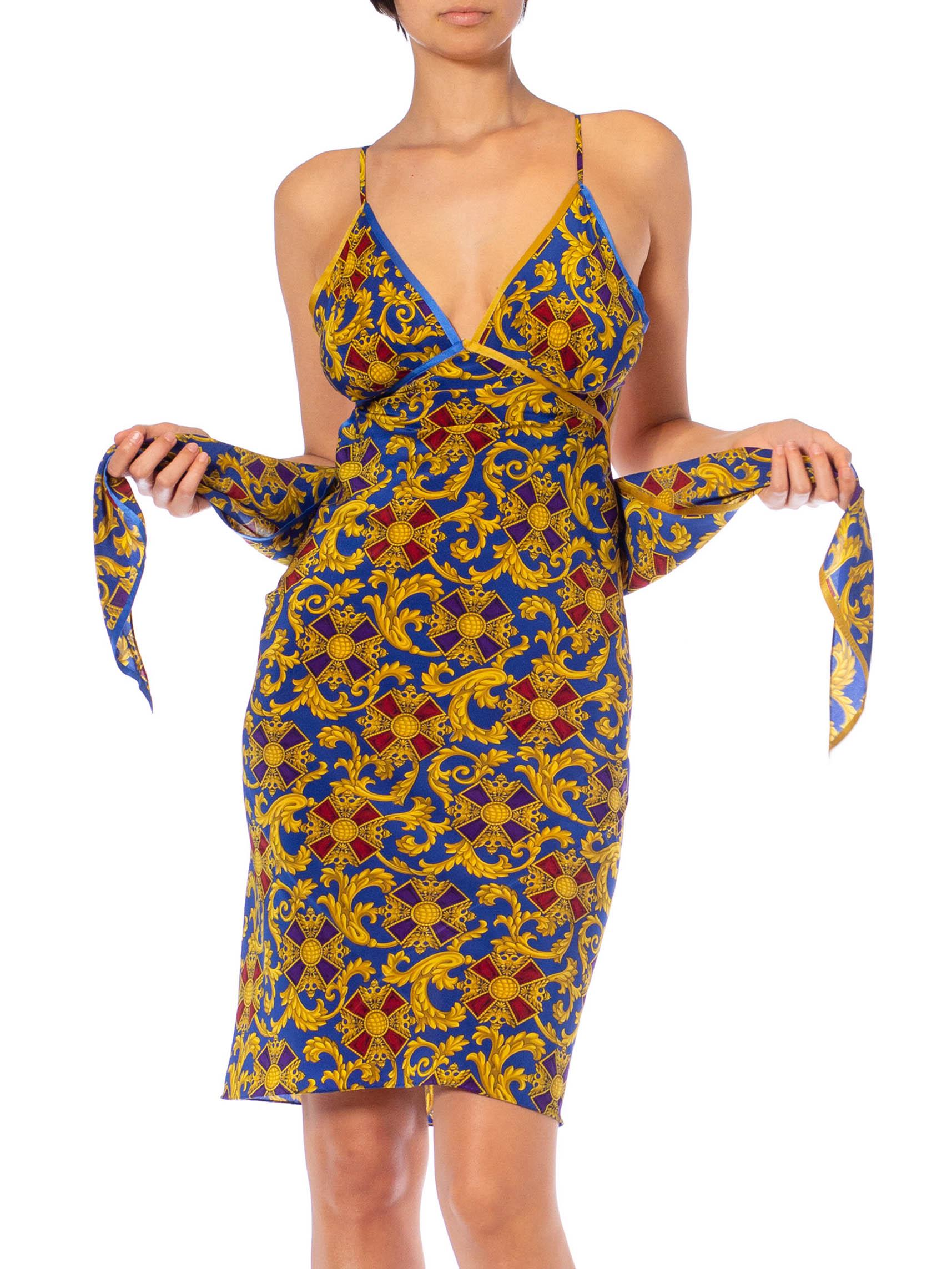 Brown Morphew Collection Blue & Gold Multi  Silk Scarf Dress Made From Vintage Franco For Sale