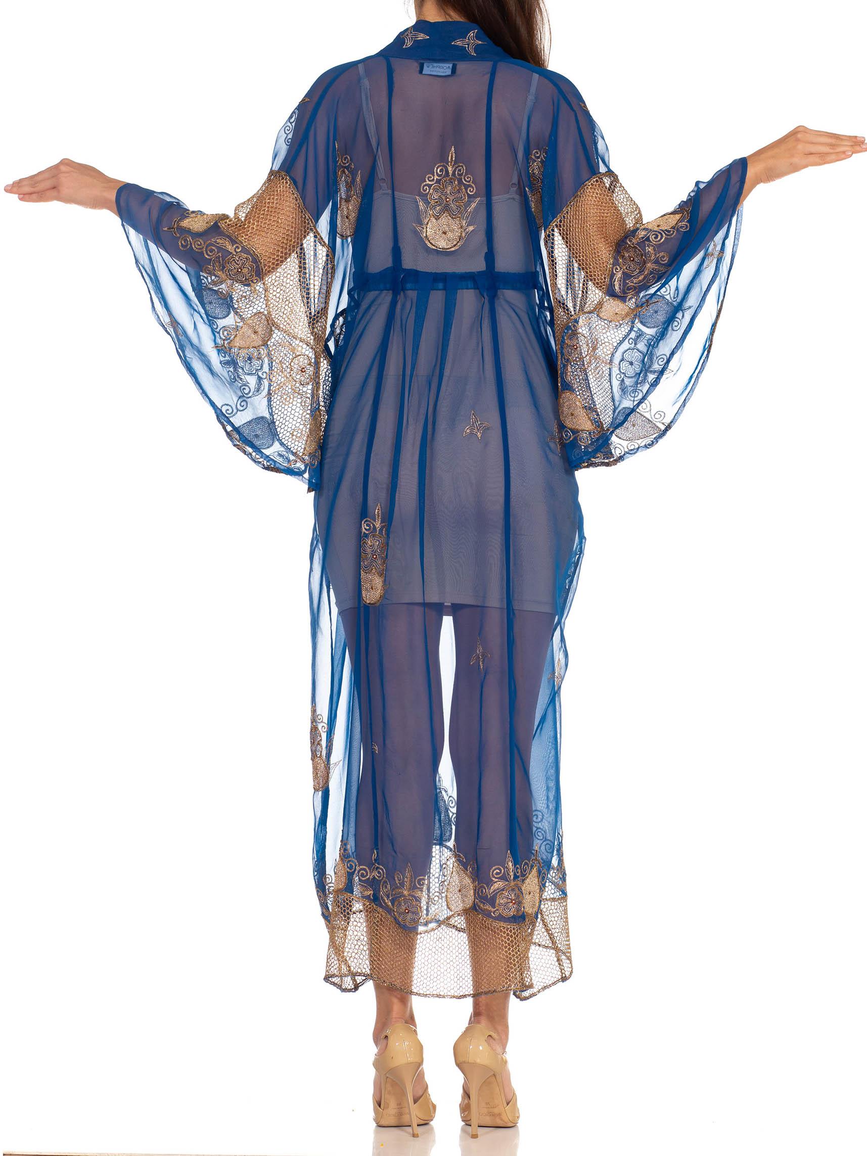Morphew Collection Blue & Gold Silk Kaftan Made From Vintage Saris In Excellent Condition For Sale In New York, NY
