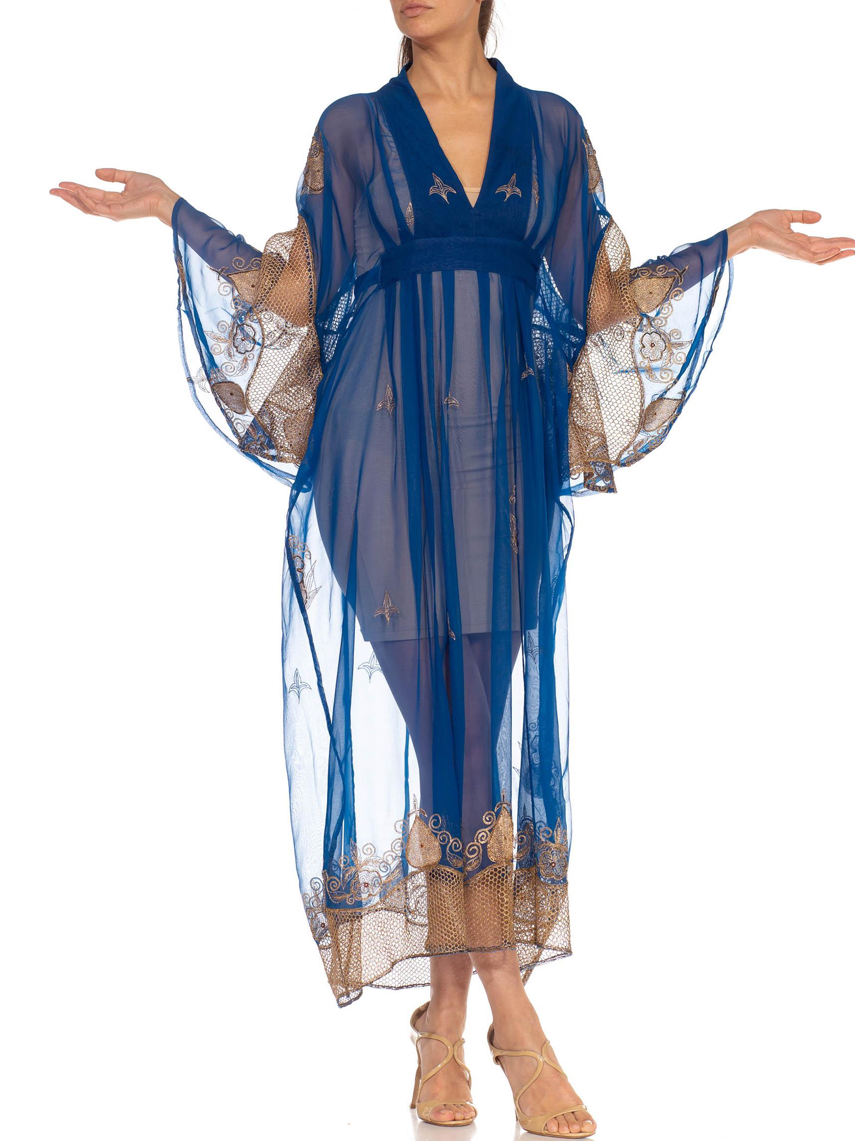 Morphew Collection Blue & Gold Silk Kaftan Made From Vintage Saris For Sale 1