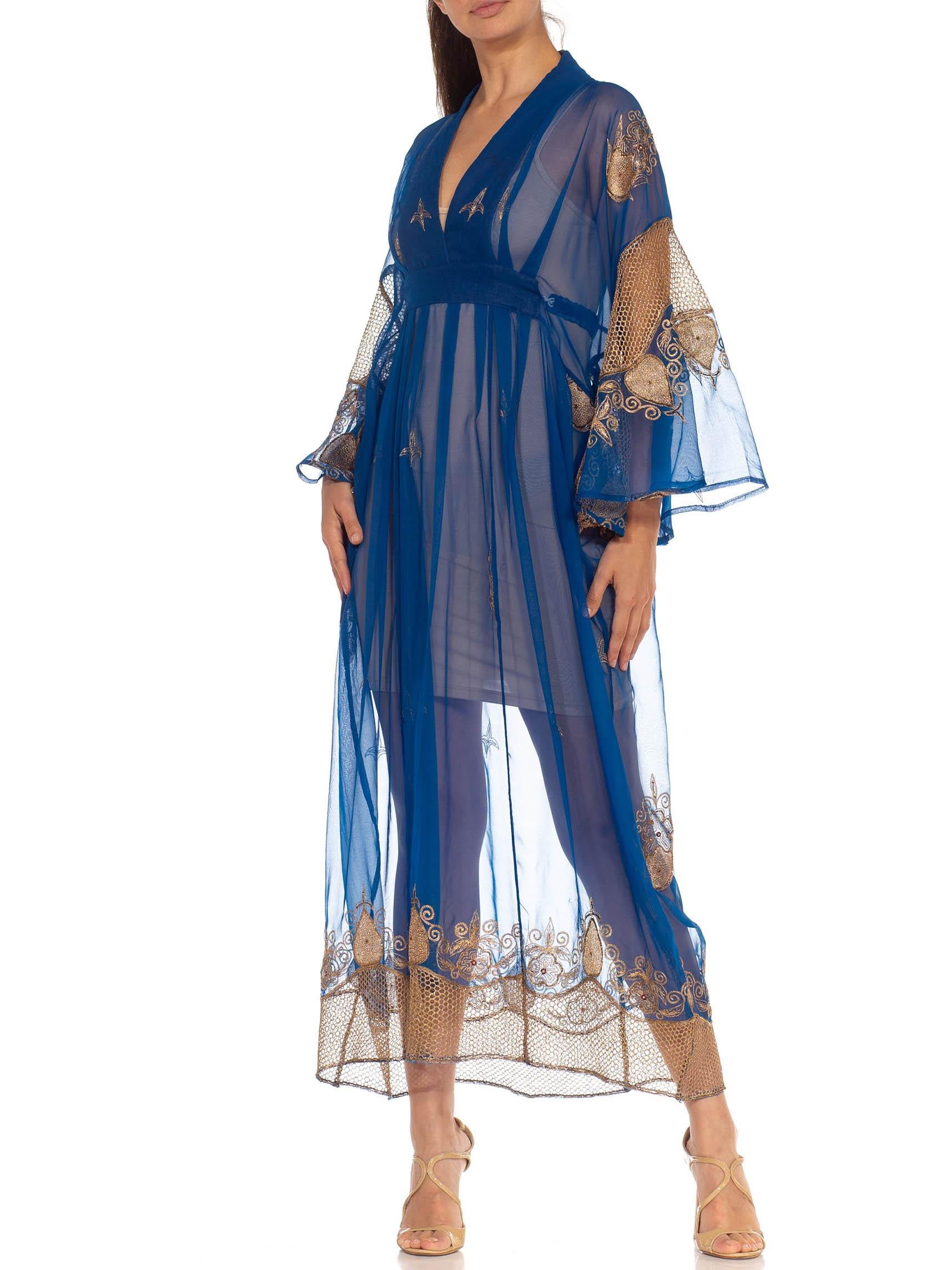 Morphew Collection Blue & Gold Silk Kaftan Made From Vintage Saris For Sale 3