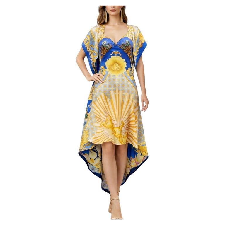 Morphew Collection Hermes Blue & Gold Silk Statue Print 3 Scarf High Low Dress