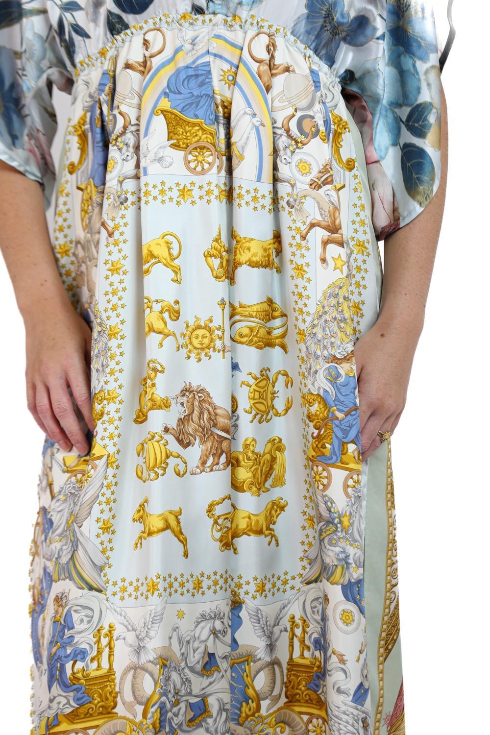 Morphew Collection Blue & Gold Status Print Silk Virgo Empire Waist Dress Made  For Sale 6