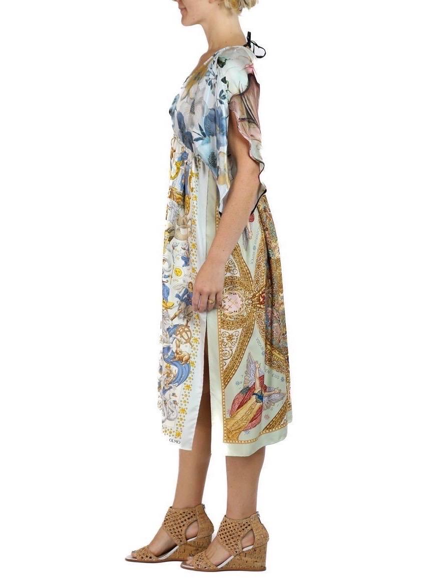 Morphew Collection Blue & Gold Status Print Silk Virgo Empire Waist Dress Made  In Excellent Condition For Sale In New York, NY