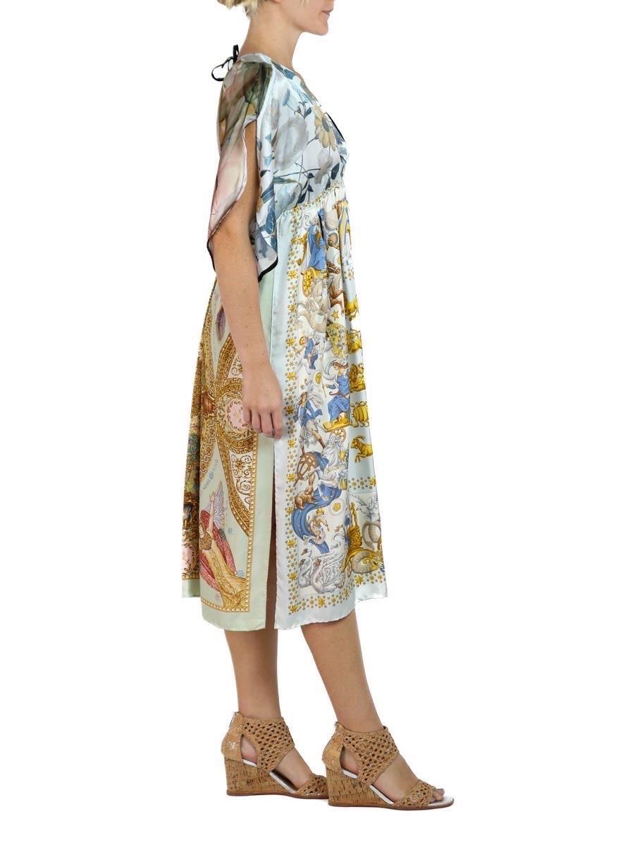Women's Morphew Collection Blue & Gold Status Print Silk Virgo Empire Waist Dress Made  For Sale