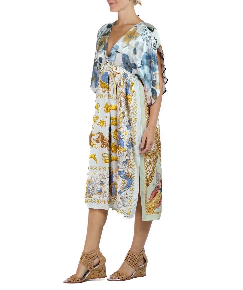 Morphew Collection Blue & Gold Status Print Silk Virgo Empire Waist Dress Made  For Sale 1