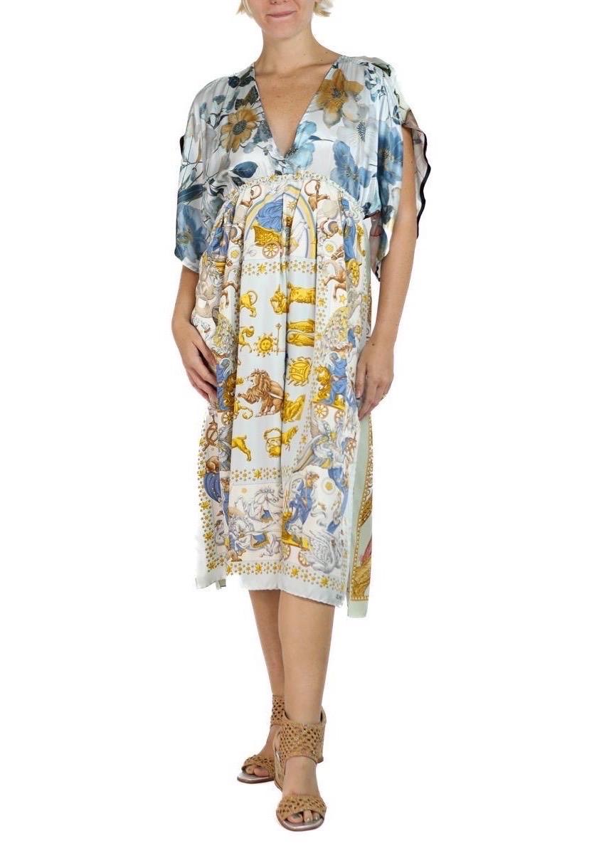 Morphew Collection Blue & Gold Status Print Silk Virgo Empire Waist Dress Made  For Sale 2