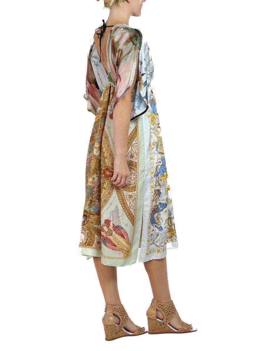 Morphew Collection Blue & Gold Status Print Silk Virgo Empire Waist Dress Made  For Sale 4