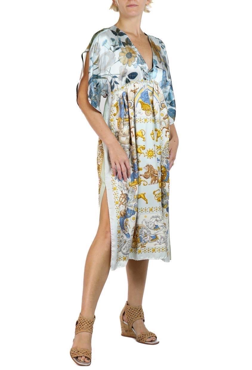 Morphew Collection Blue & Gold Status Print Silk Virgo Empire Waist Dress Made  For Sale 5