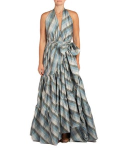MORPHEW COLLECTION Blue & Gray Silk Taffeta Plaid Gown