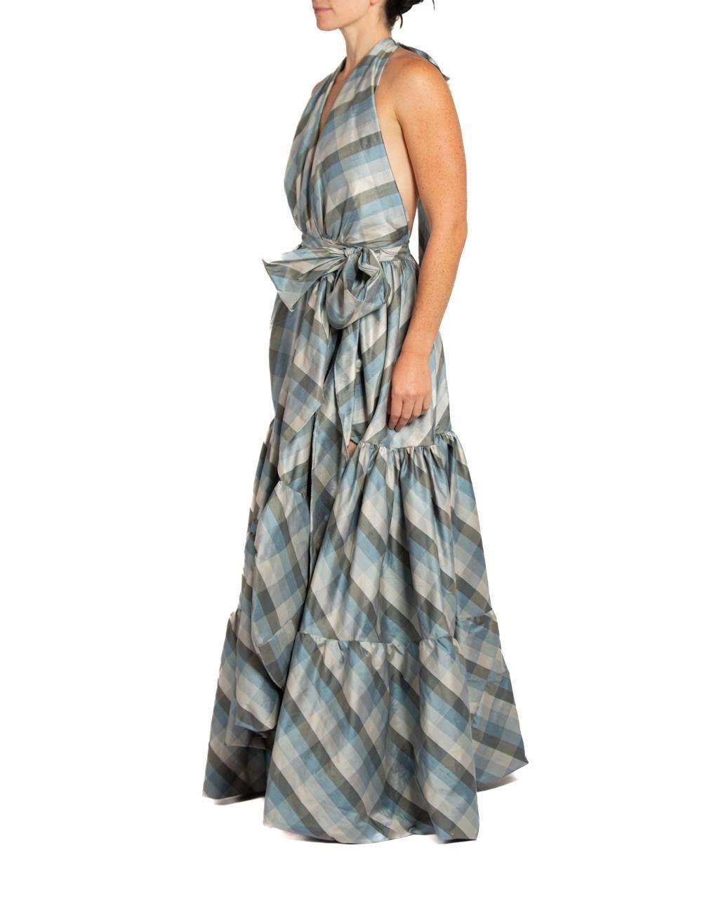 MORPHEW COLLECTION Blue & Gray Silk Taffeta Plaid Gown In Excellent Condition For Sale In New York, NY