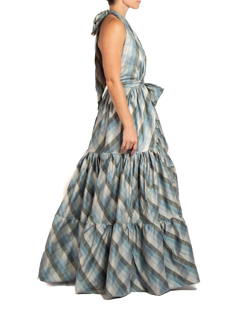 Women's MORPHEW COLLECTION Blue & Gray Silk Taffeta Plaid Gown For Sale