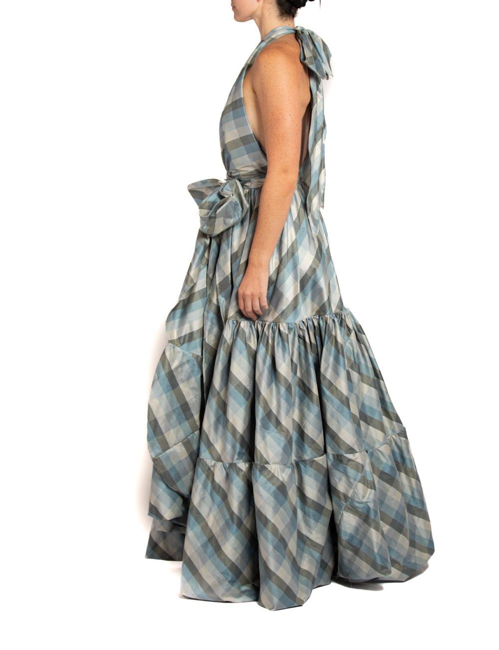 MORPHEW COLLECTION Blue & Gray Silk Taffeta Plaid Gown For Sale 1