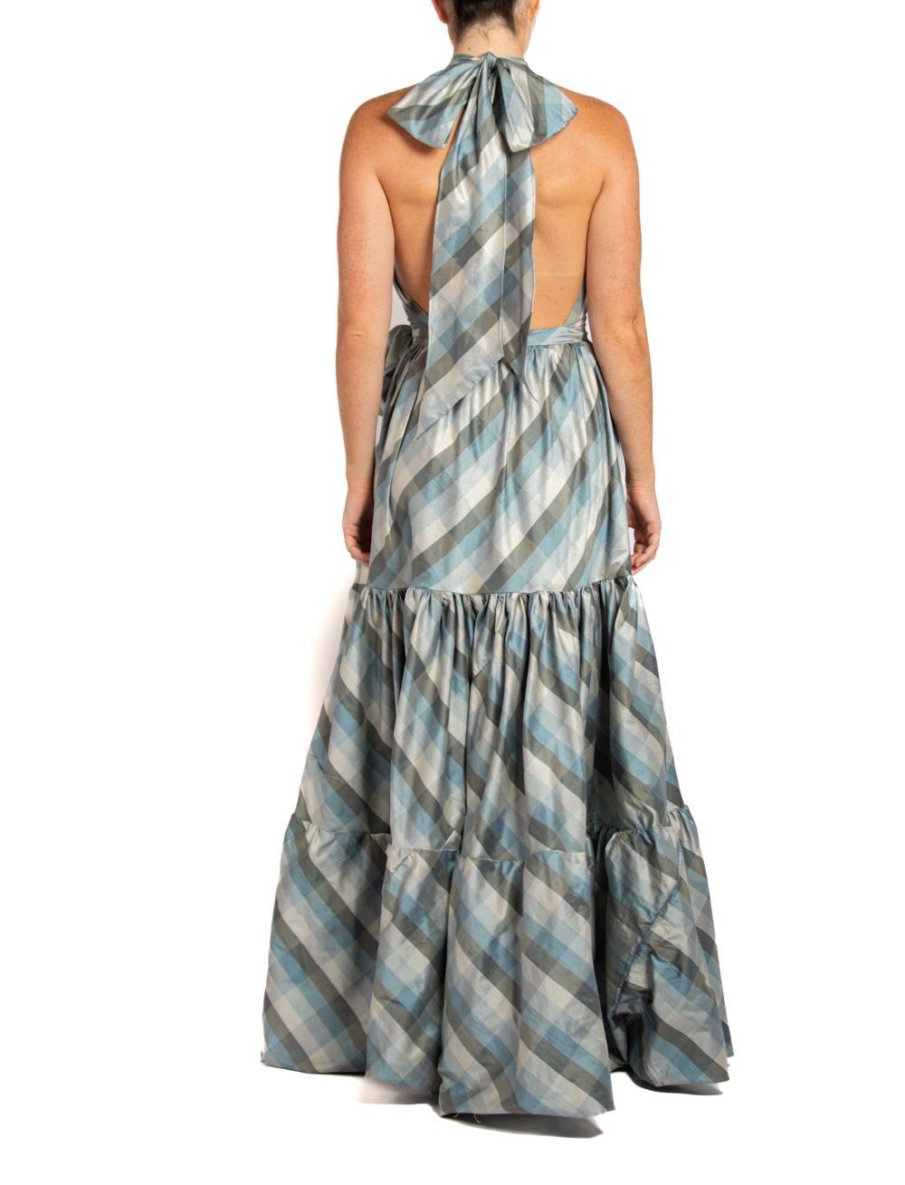 MORPHEW COLLECTION Blue & Gray Silk Taffeta Plaid Gown For Sale 2