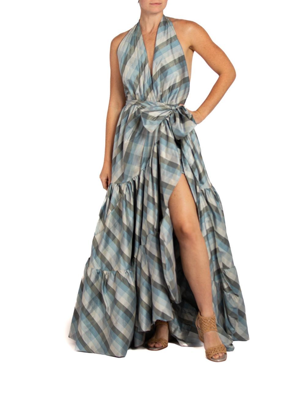 MORPHEW COLLECTION Blue & Gray Silk Taffeta Plaid Gown For Sale 3