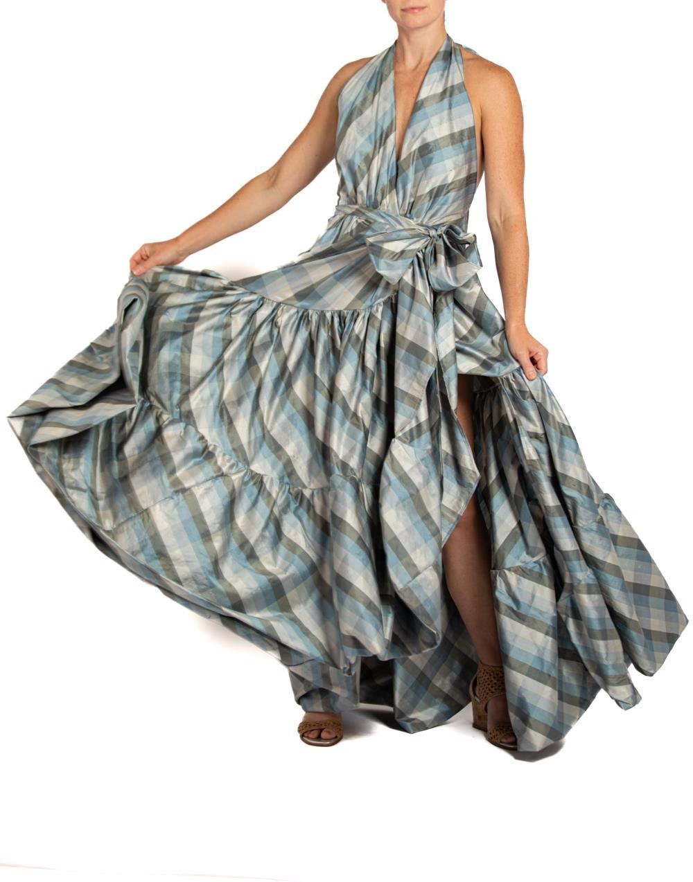 MORPHEW COLLECTION Blue & Gray Silk Taffeta Plaid Gown For Sale 4