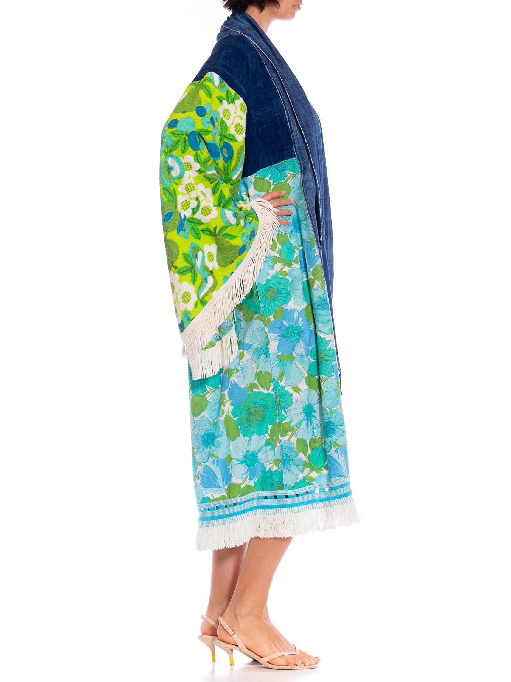 MORPHEW COLLECTION Blue & Green African Indigo Vintage 70S Floral Duster Beach  In Excellent Condition For Sale In New York, NY