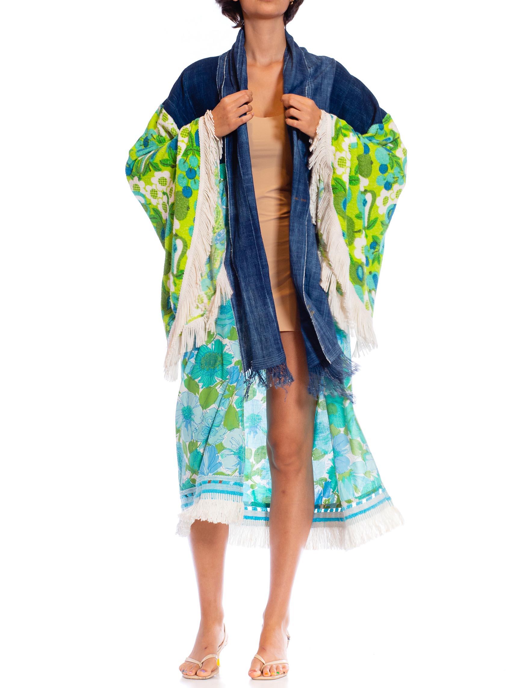 Women's MORPHEW COLLECTION Blue & Green African Indigo Vintage 70S Floral Duster Beach  For Sale