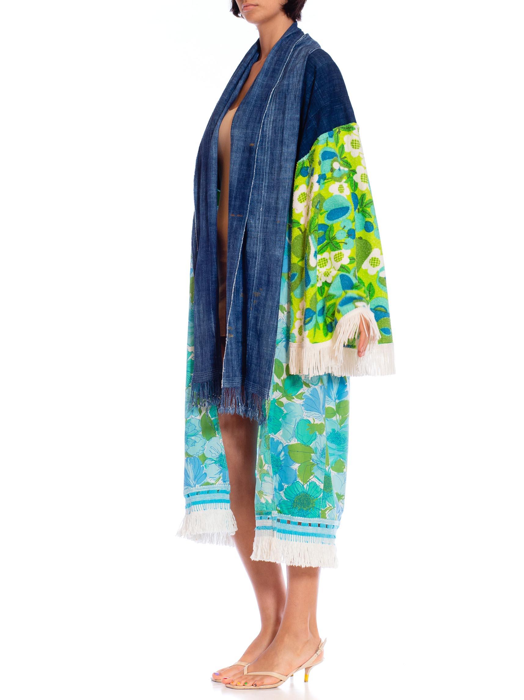 MORPHEW COLLECTION Blue & Green African Indigo Vintage 70S Floral Duster Beach  For Sale 1