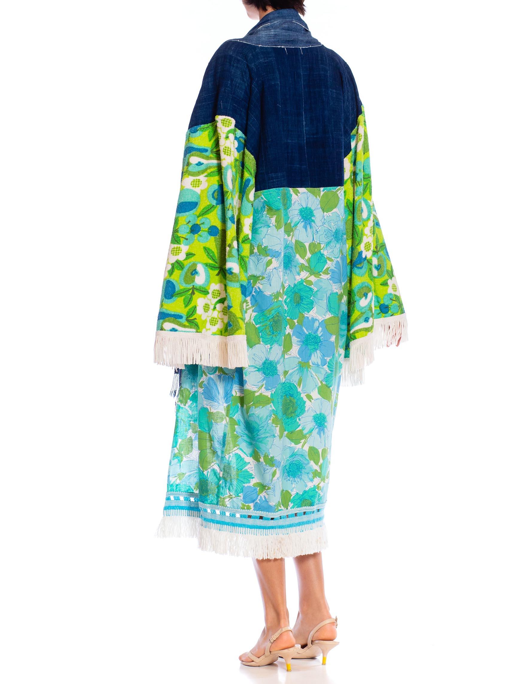 MORPHEW COLLECTION Blue & Green African Indigo Vintage 70S Floral Duster Beach  For Sale 2