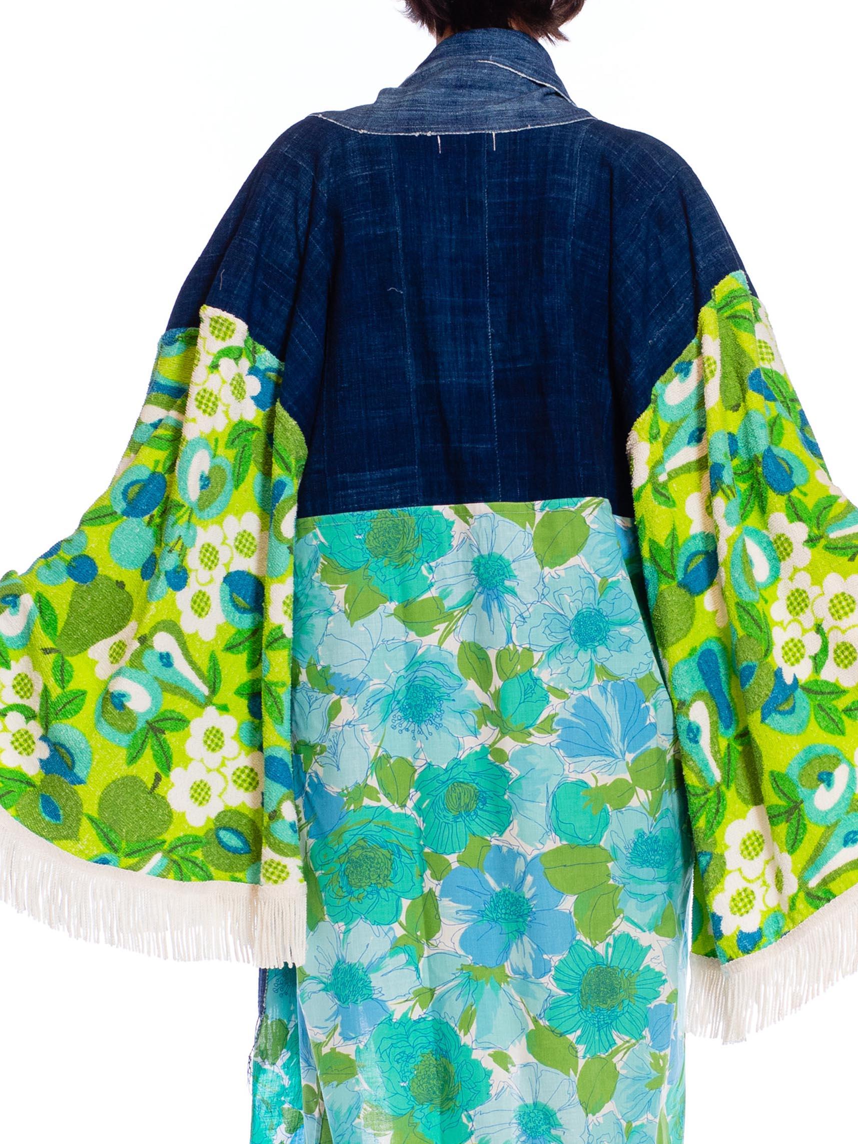 MORPHEW COLLECTION Blue & Green African Indigo Vintage 70S Floral Duster Beach  For Sale 3