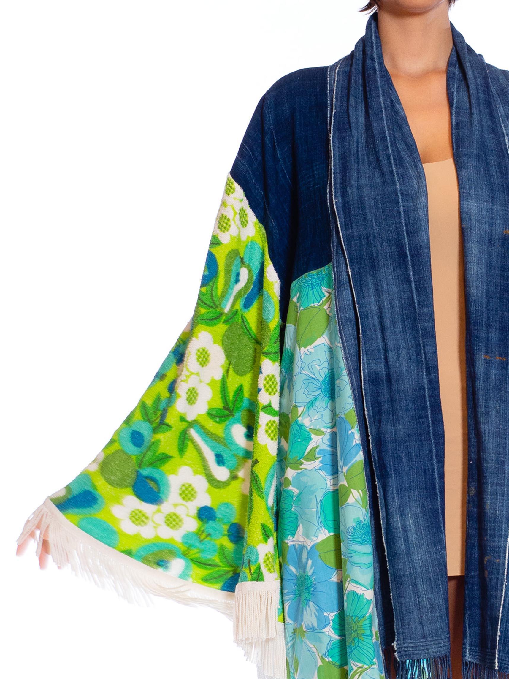 MORPHEW COLLECTION Blue & Green African Indigo Vintage 70S Floral Duster Beach  For Sale 4