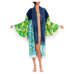 MORPHEW COLLECTION Blue & Green African Indigo Vintage 70S Floral Duster Beach 