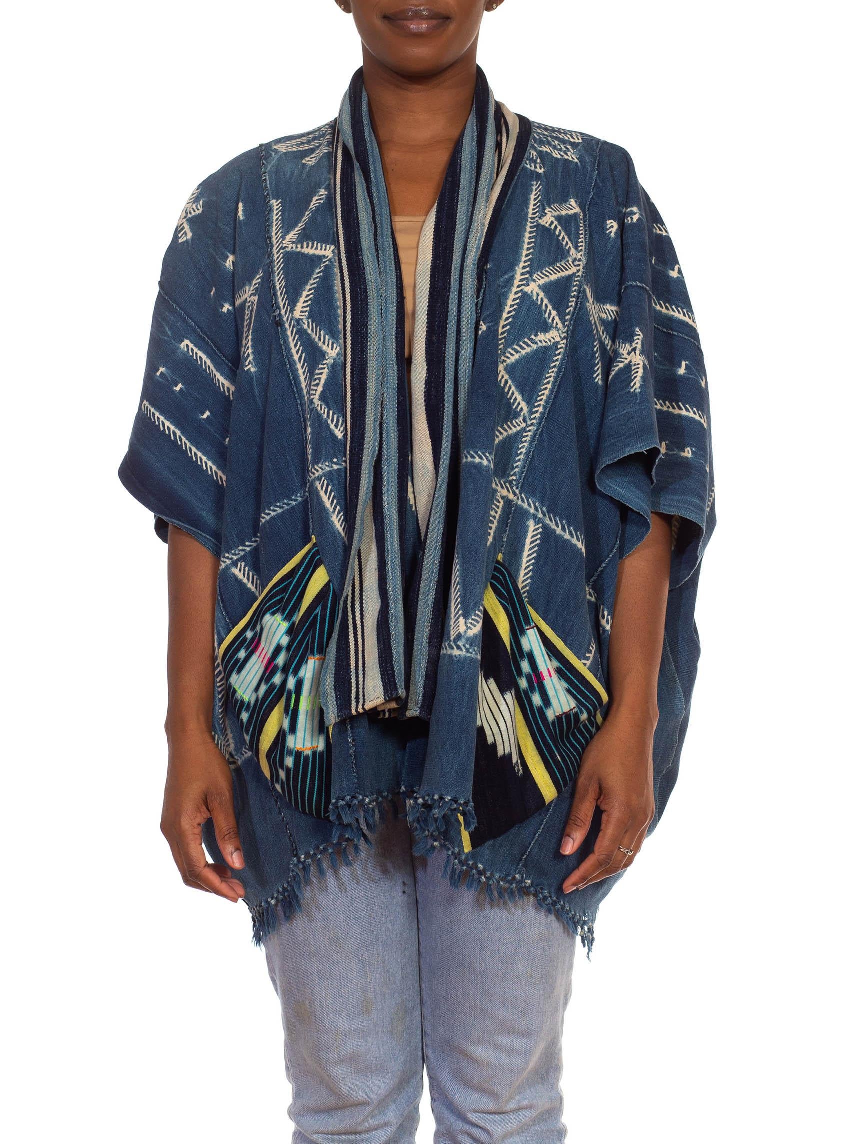 Morphew Collection Blue & Ivory Cotton Denim Hand Woven African Indigo Poncho In Excellent Condition For Sale In New York, NY