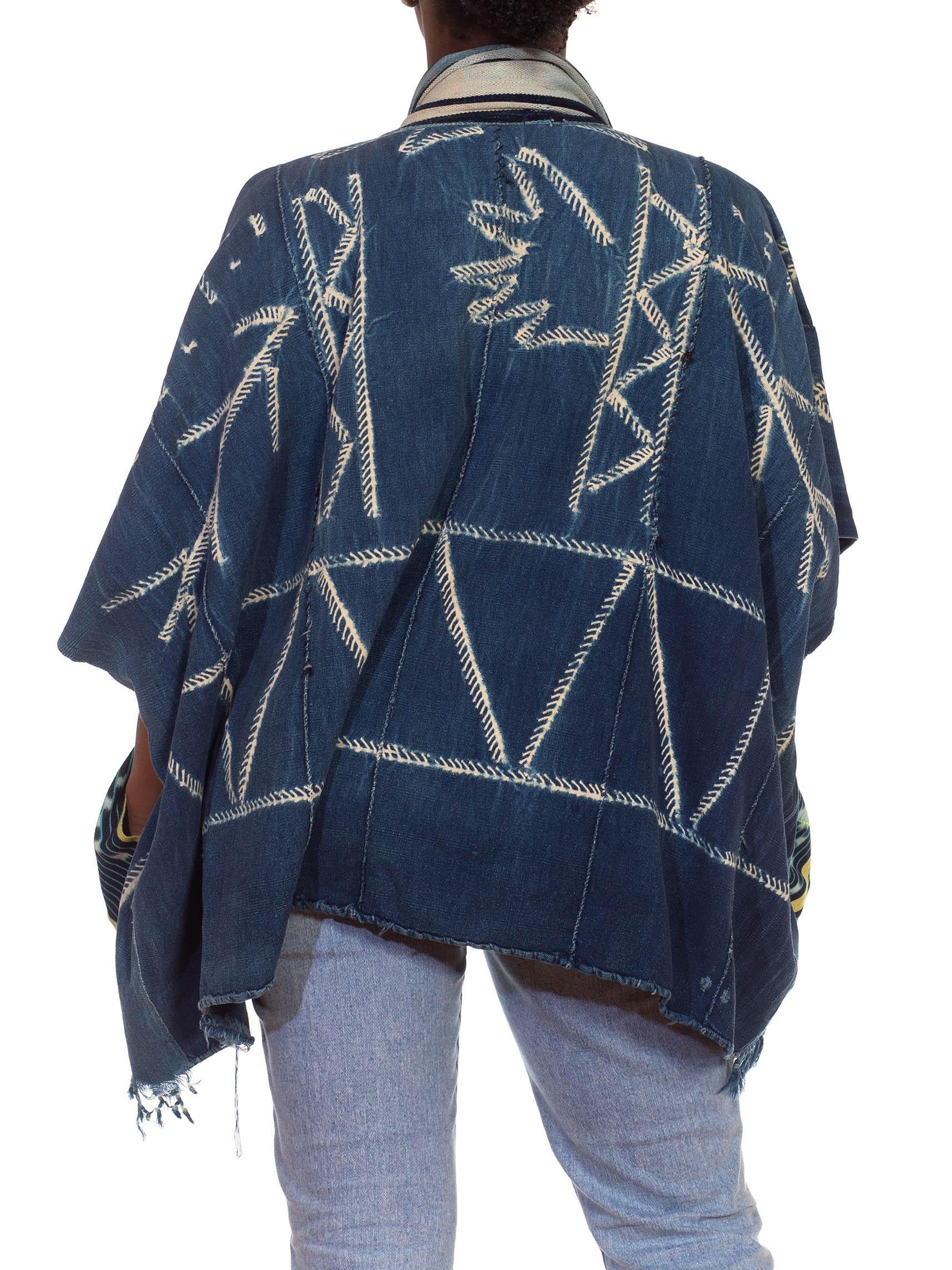 Women's or Men's Morphew Collection Blue & Ivory Cotton Denim Hand Woven African Indigo Poncho For Sale