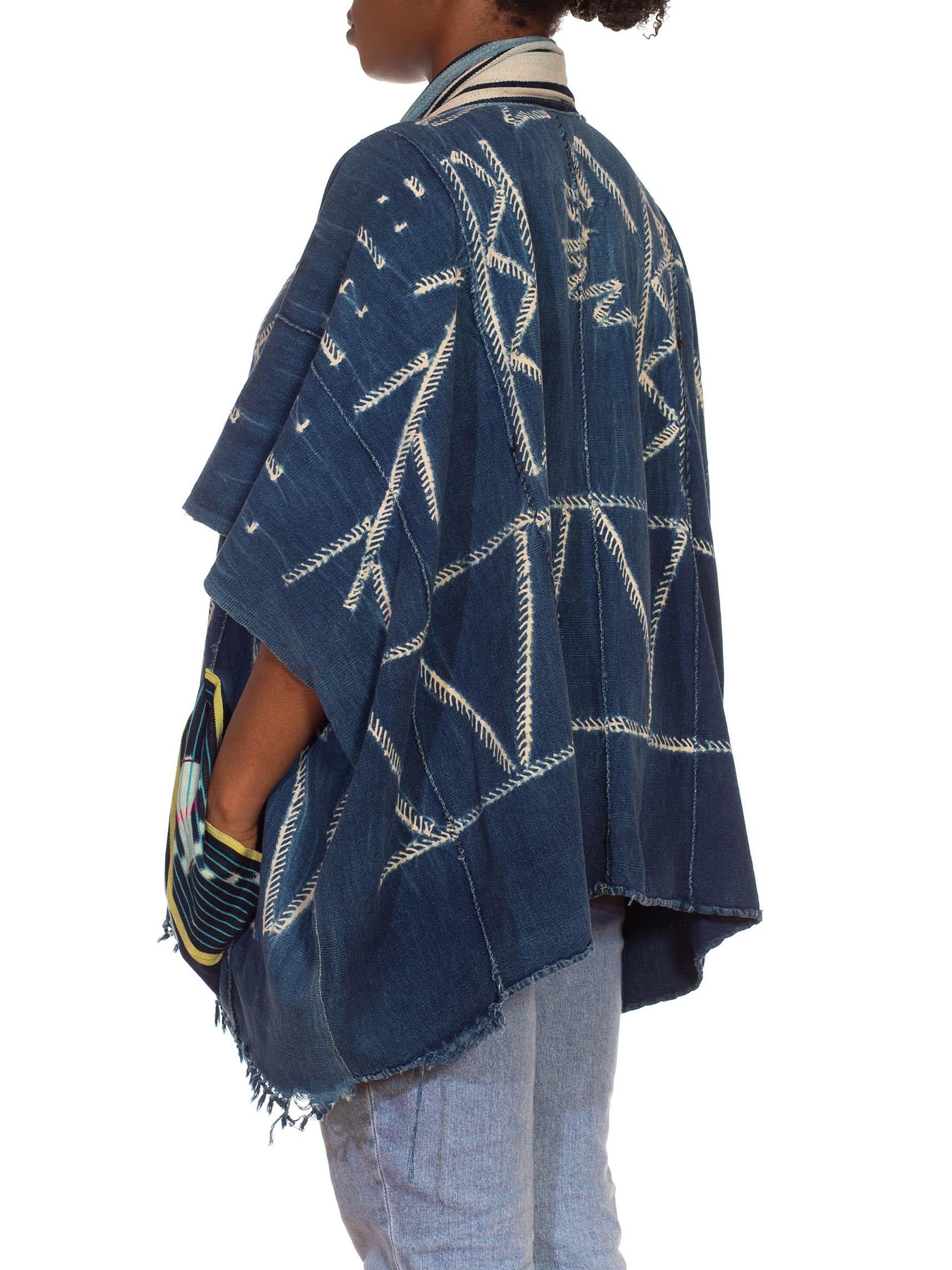 Morphew Collection Blue & Ivory Cotton Denim Hand Woven African Indigo Poncho For Sale 1