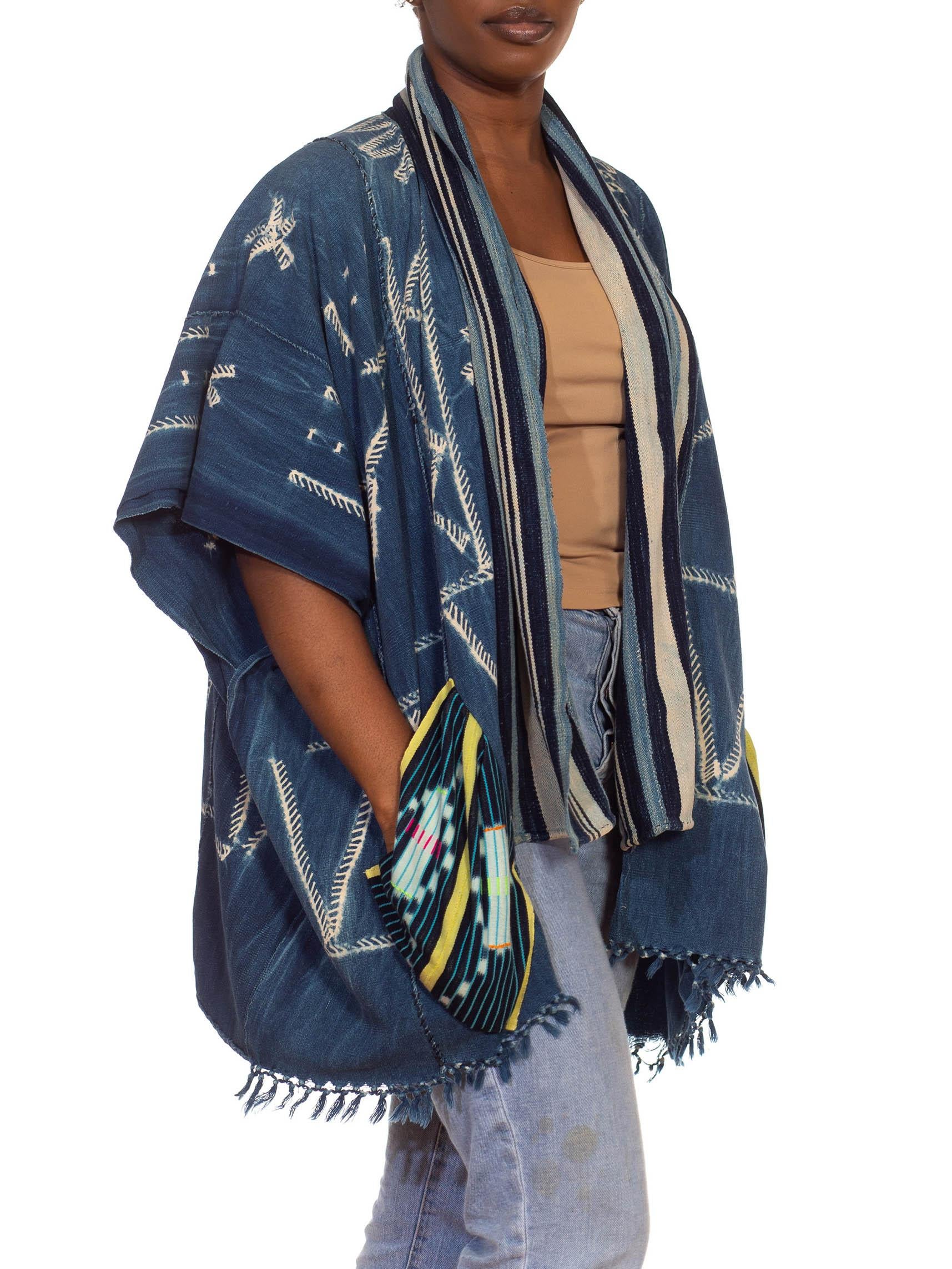 Morphew Collection Blue & Ivory Cotton Denim Hand Woven African Indigo Poncho For Sale 2