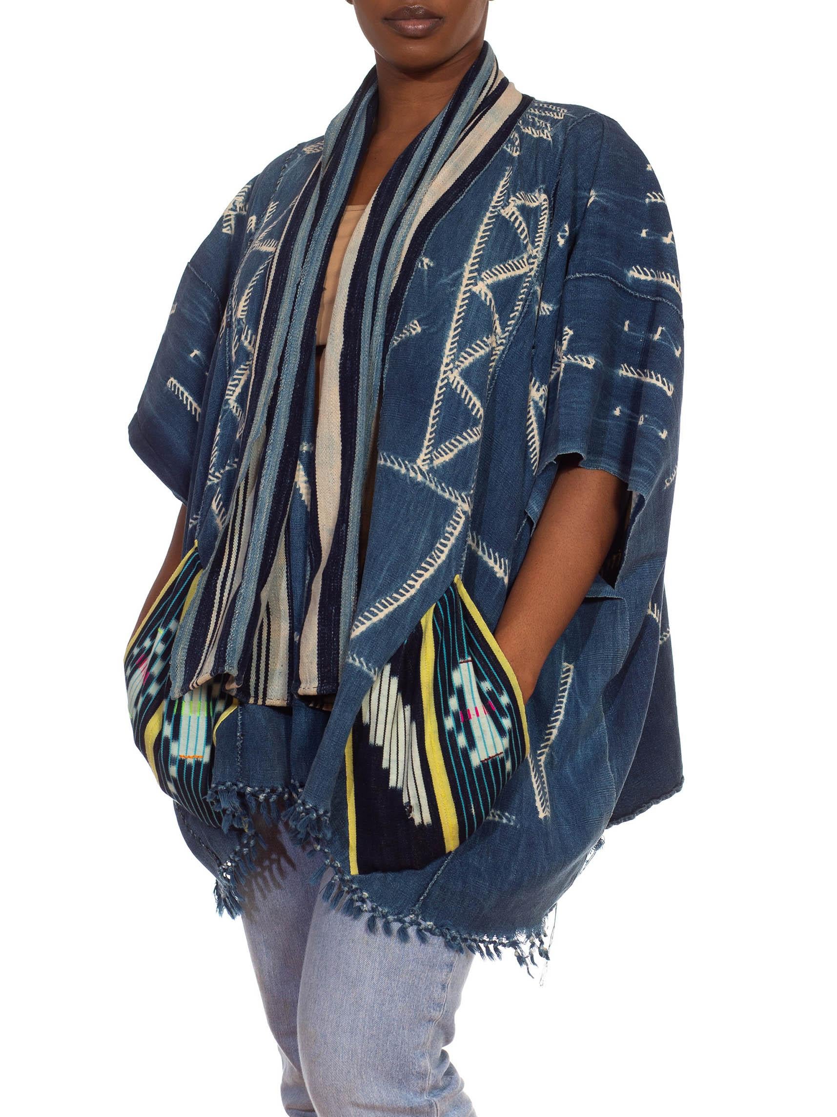 Morphew Collection Blue & Ivory Cotton Denim Hand Woven African Indigo Poncho For Sale 3