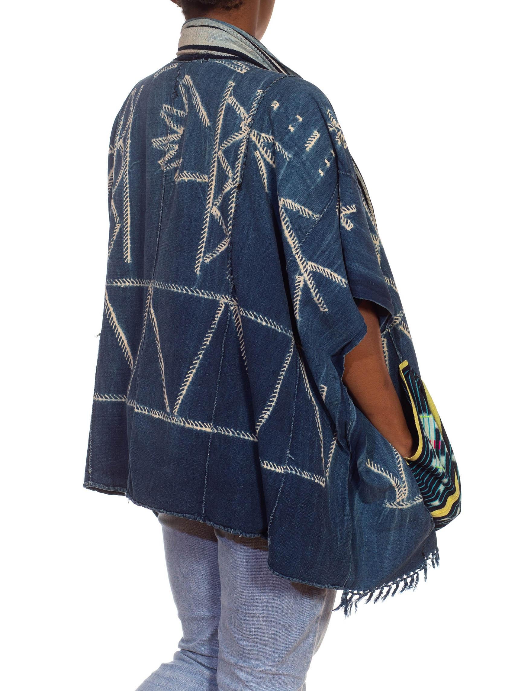 Morphew Collection Blue & Ivory Cotton Denim Hand Woven African Indigo Poncho For Sale 4