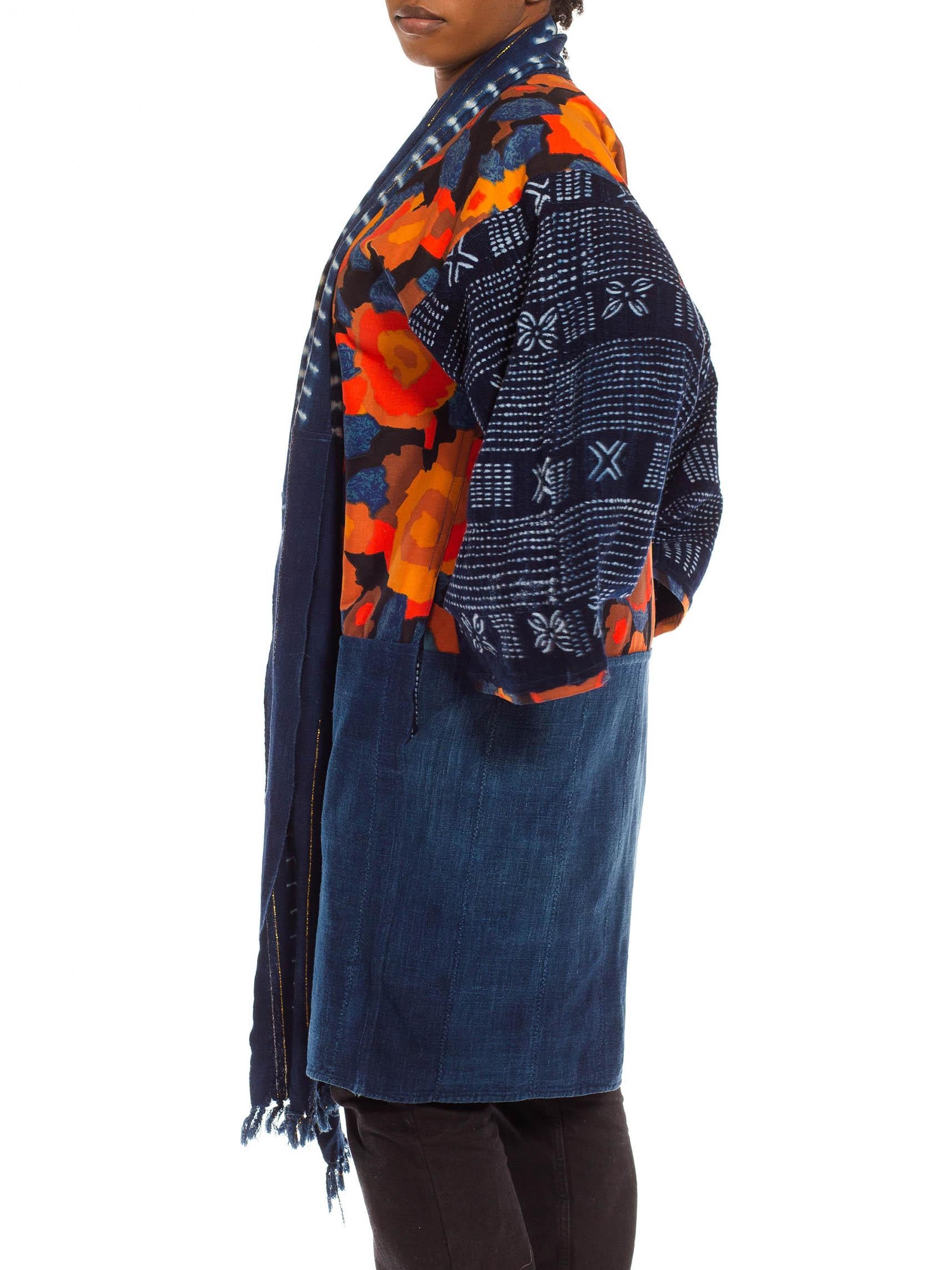 Made from vintage fabrics so small areas of wear or vintage repairs are expected and add to the story of the piece. Morphew Collection Blue & Orange Cotton Up-Cycled African Indigo Vintage Fabric Duster 
MORPHEW COLLECTION is made entirely by hand