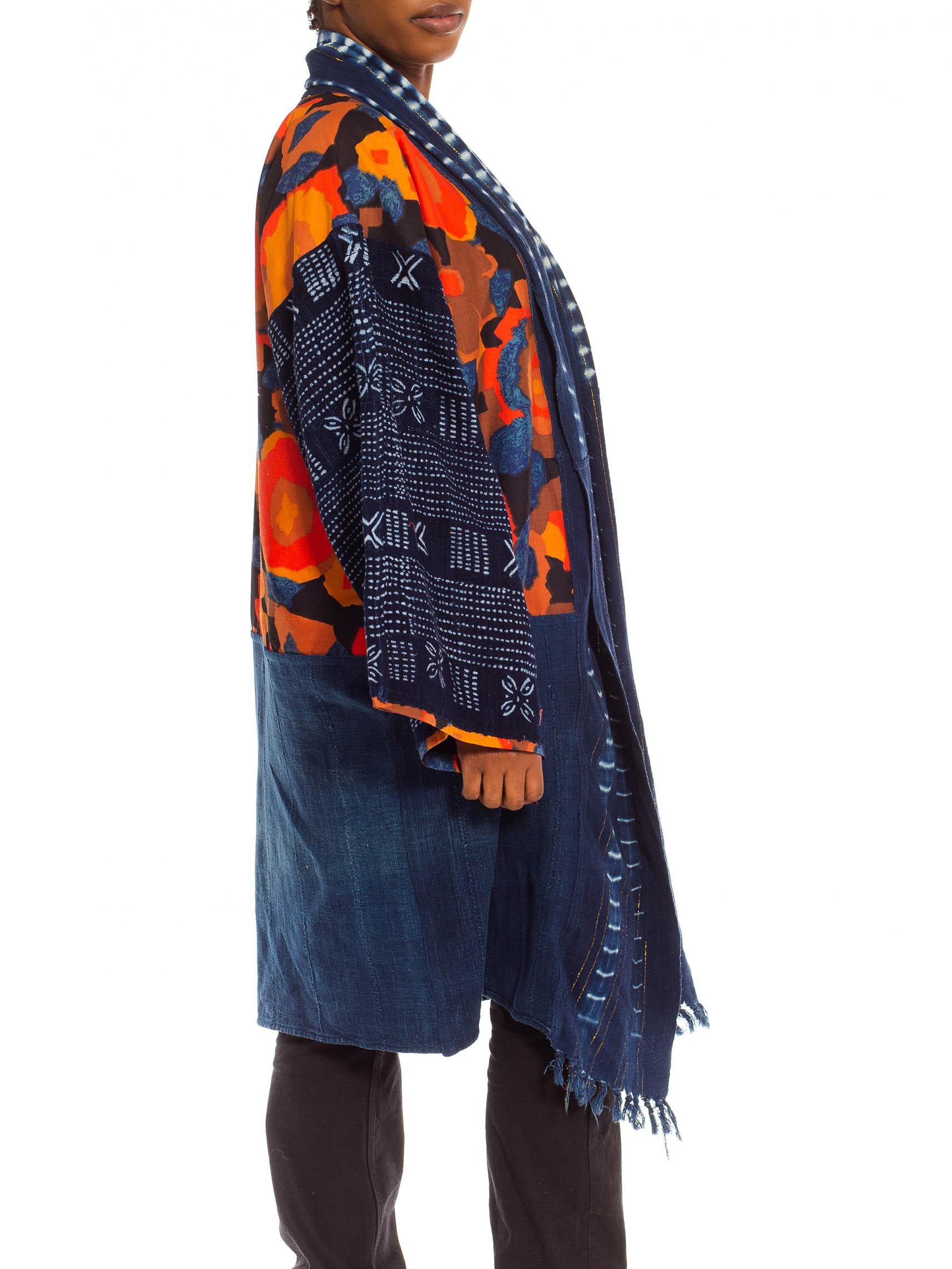 Black Morphew Collection Blue & Orange Cotton Up-Cycled African Indigo Vintage Fabric For Sale